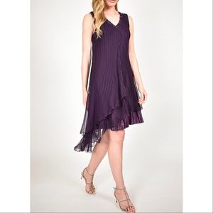 NEW Komarov Beaded V-Neck Chiffon Overlay Dress, Purple, Petite Large